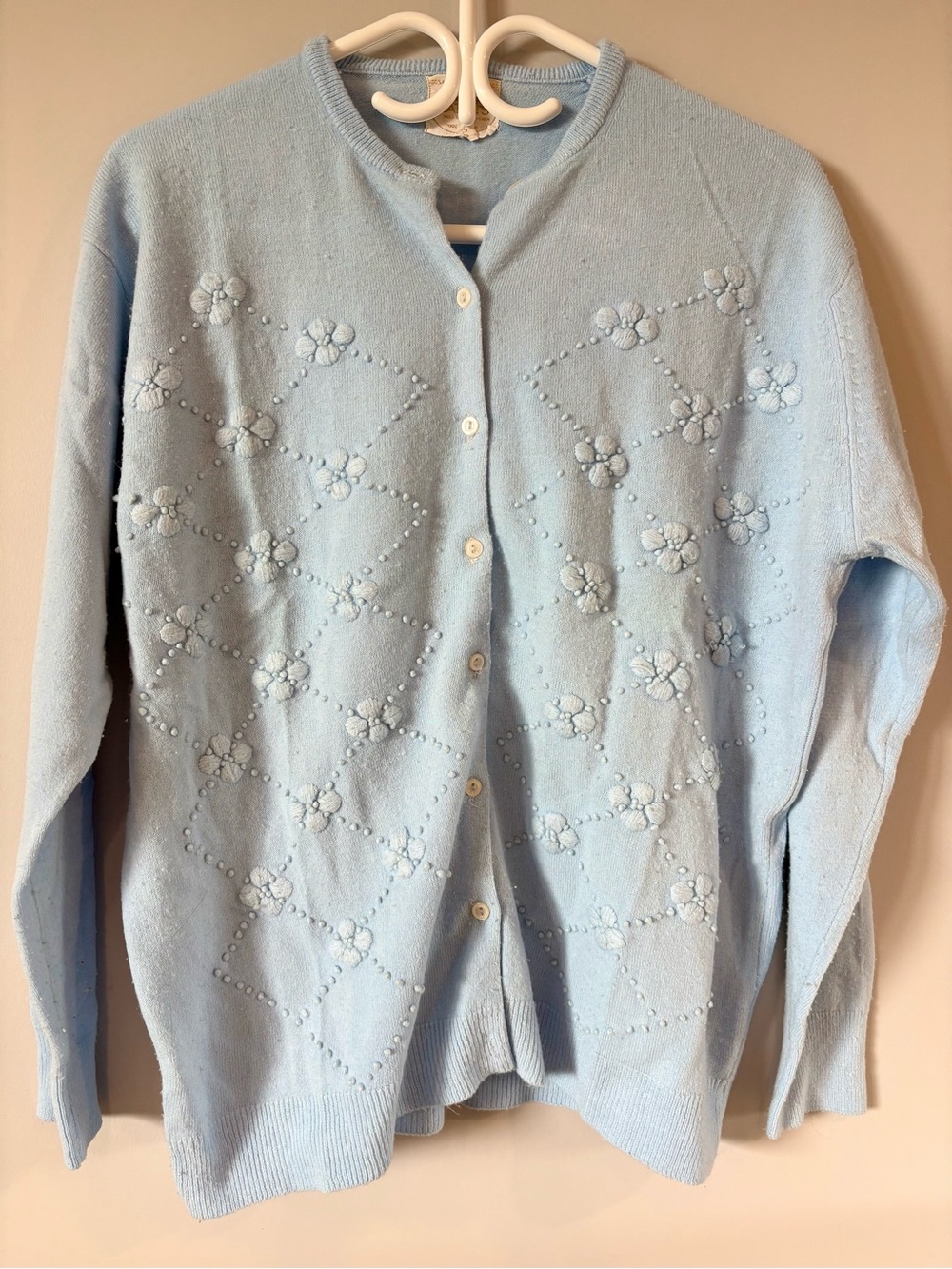 VINTAGE Light Pastel Blue Floral Knit Cardigan Sweater